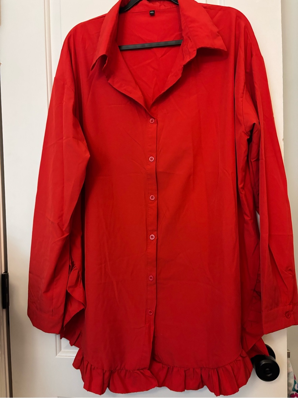 SHEIN Red Ruffle-Hem Button Front Blouse - Picture 3 of 3